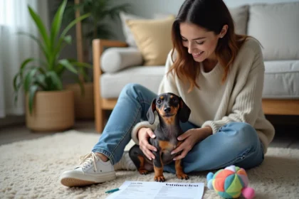 Jeune femme avec chien dachshund dans le salon