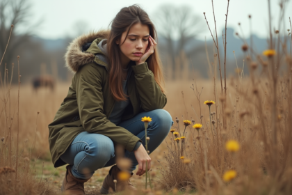 Jeune femme en extérieur examine des fleurs fanées avec inquiétude