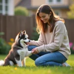Jeune femme caressant un Pomsky dans un jardin verdoyant
