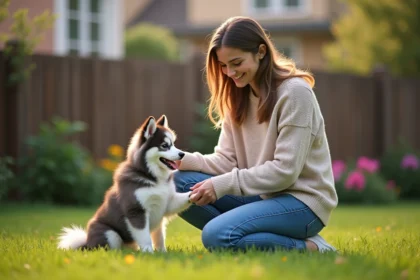 Jeune femme caressant un Pomsky dans un jardin verdoyant