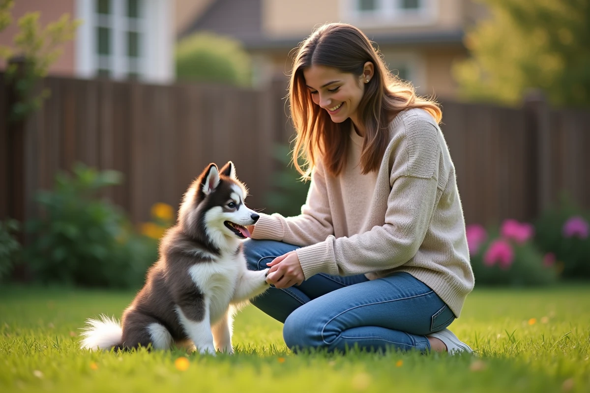 Jeune femme caressant un Pomsky dans un jardin verdoyant