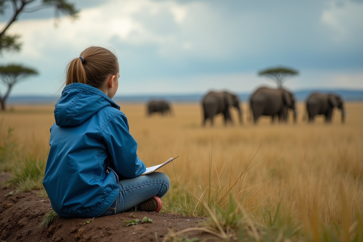 Jeune fille observant des éléphants dans la savane