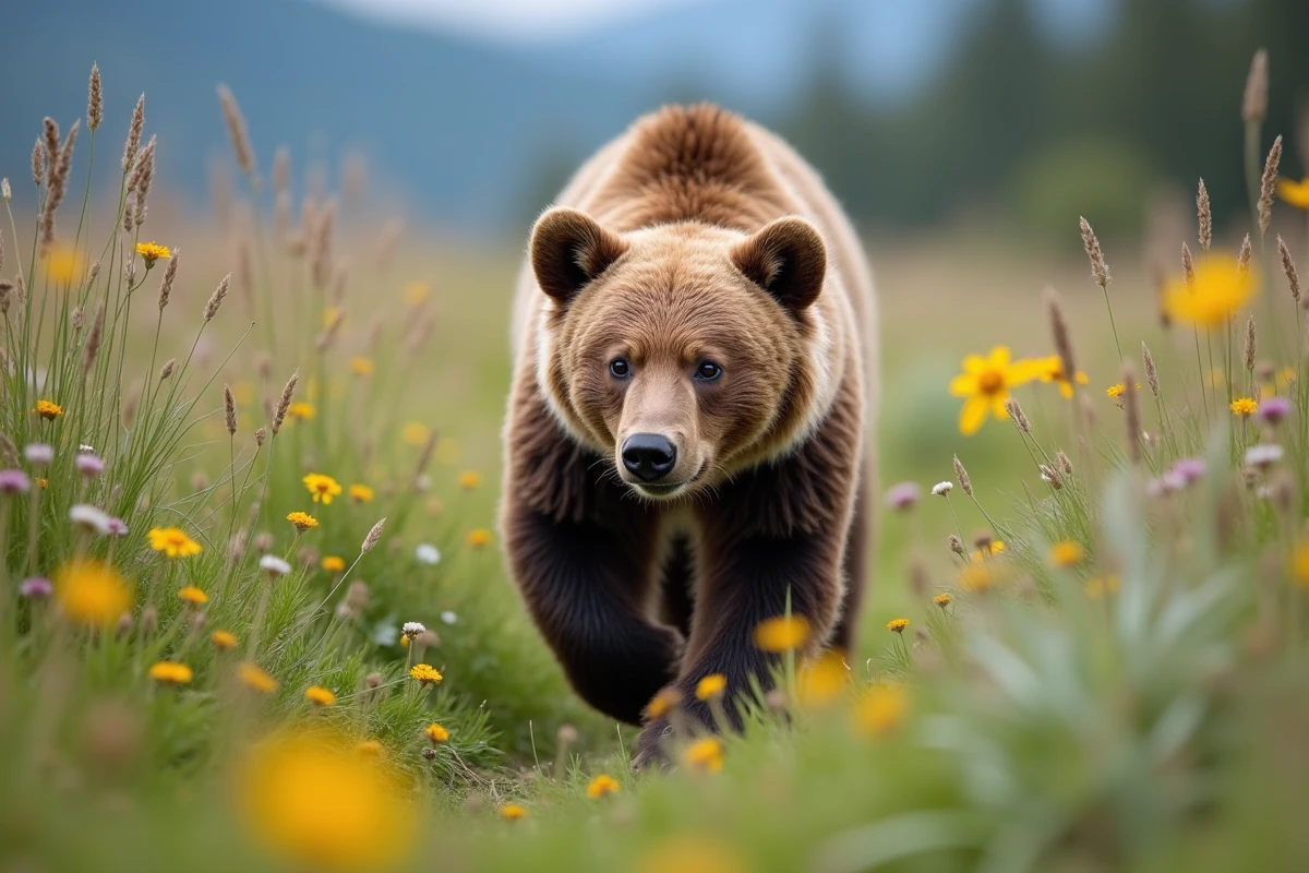 Jeune grizzly traquant une proie dans la prairie