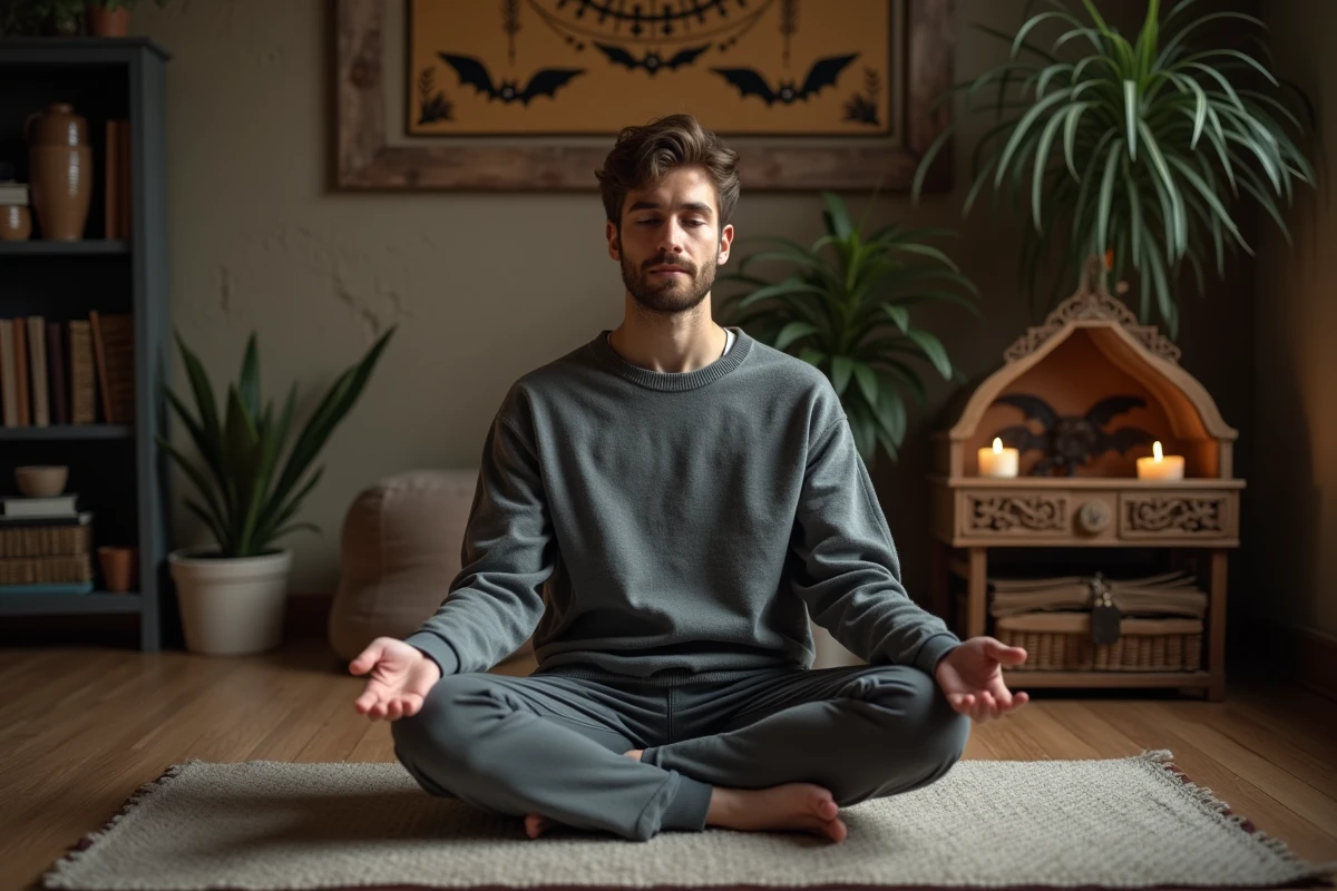 Jeune homme méditant dans une pièce avec symbole de chauve-souris