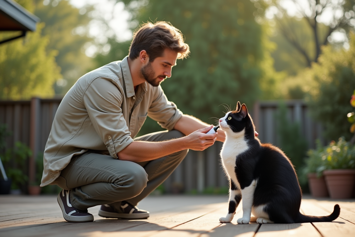 Jeune homme appliquant un traitement antiparasitaire à un chat