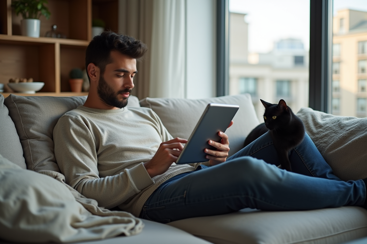 Jeune homme avec un chat noir sur un canapé moderne