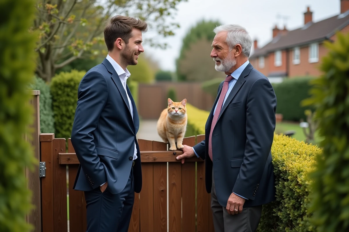 Jeune homme en costume parlant avec un voisin dans le jardin