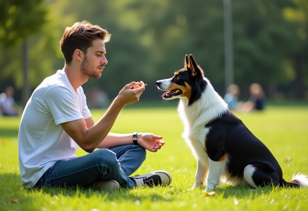 Jeune homme jouant avec son chien dans un parc