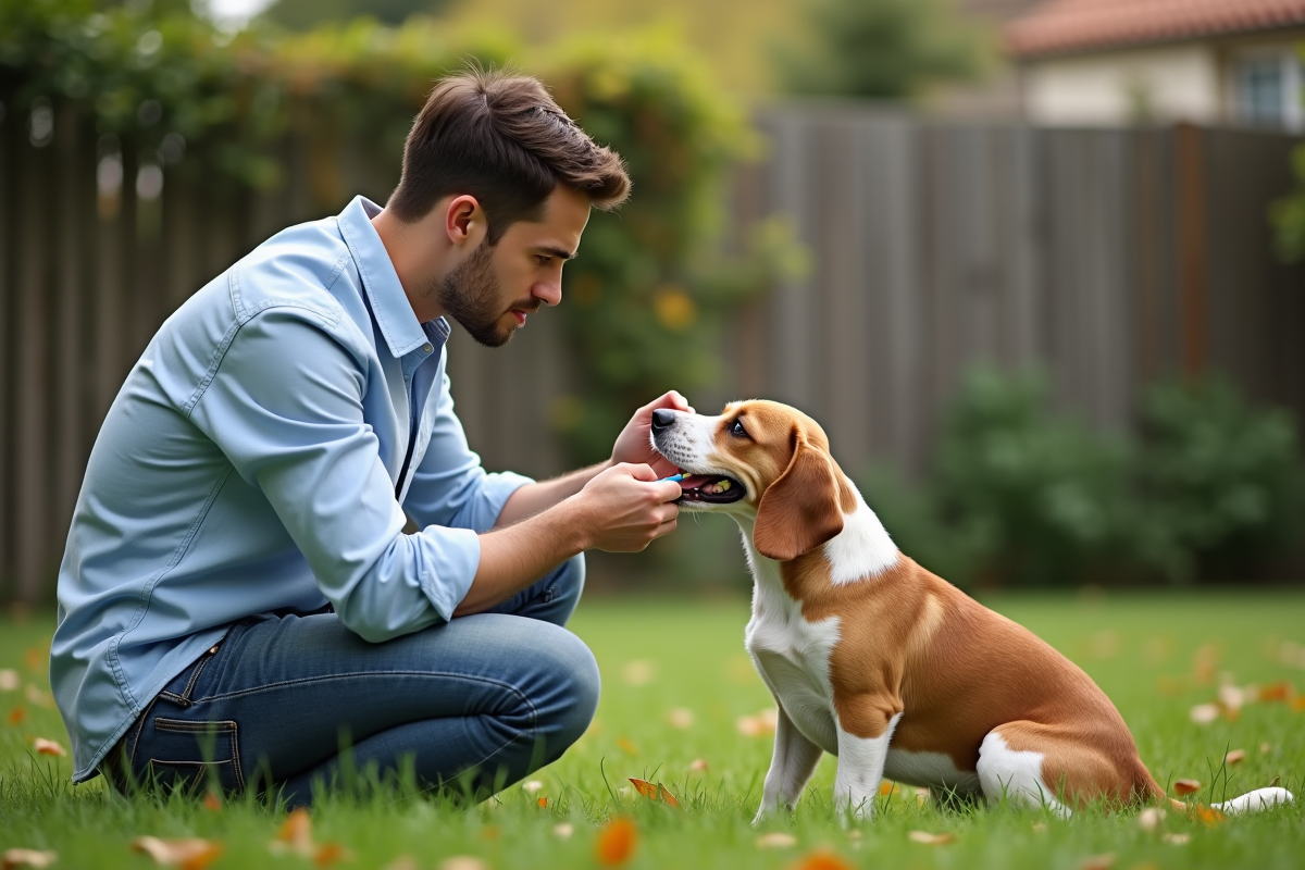 Jeune homme appliquant du coconut oil au beagle dans le jardin