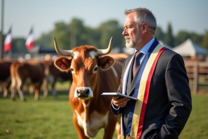 Juge agricole français avec sash et vache Charolais