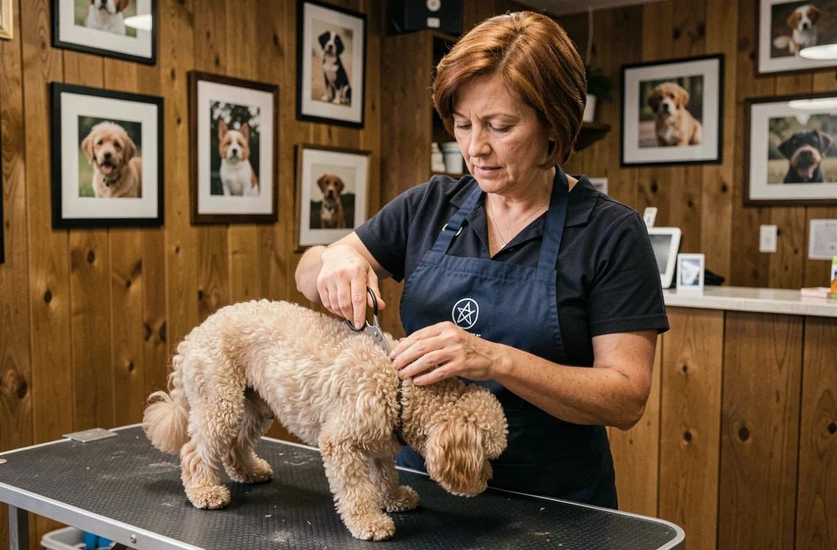 Nathalie Lebair, toiletteuse indépendante, taillant soigneusement le pelage d'un caniche miniature dans son atelier personnalisé