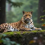 Léopard de l'Amour, l'une des espèces les plus rares au monde, reposant sur un rocher moussu en forêt tempérée