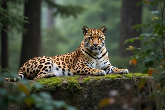 Léopard de l'Amour, l'une des espèces les plus rares au monde, reposant sur un rocher moussu en forêt tempérée