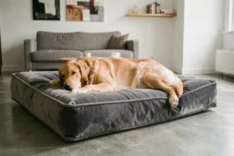 Grand chien Golden Retriever allongé sur un lit design XXL en velours gris dans un appartement moderne au parquet béton
