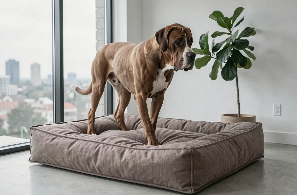 Grand Danois s'installant sur un lit pour chien XXL en lin taupe dans un appartement lumineux avec vue urbaine