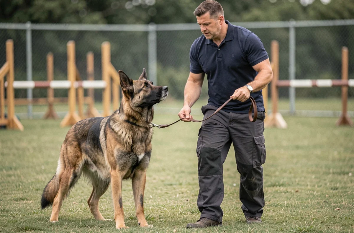 Maître-chien entraînant un croisé Malinois Berger allemand lors d'une session d'obéissance en plein air