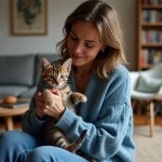 Maman tenant un chaton tabby dans un intérieur parisien chaleureux
