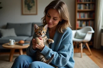 Maman tenant un chaton tabby dans un intérieur parisien chaleureux