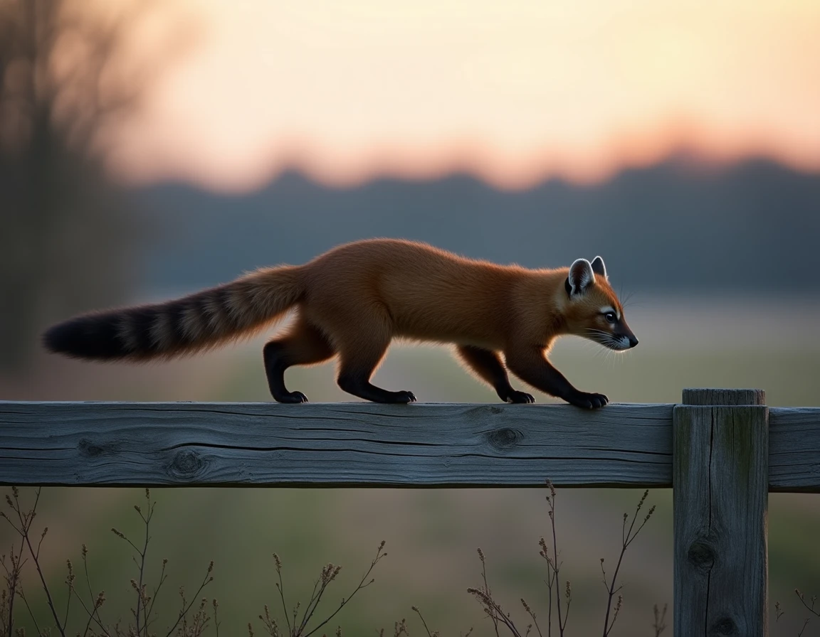 Une martre en mouvement sur une clôture en bois en bordure de propriété rurale au crépuscule, corps allongé et queue touffue, détail naturaliste de la fourrure