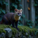 Une martre des pins sauvage sur un muret de pierre dans un jardin de campagne la nuit, fourrure brune détaillée avec gorge crème, posture alerte et méfiante