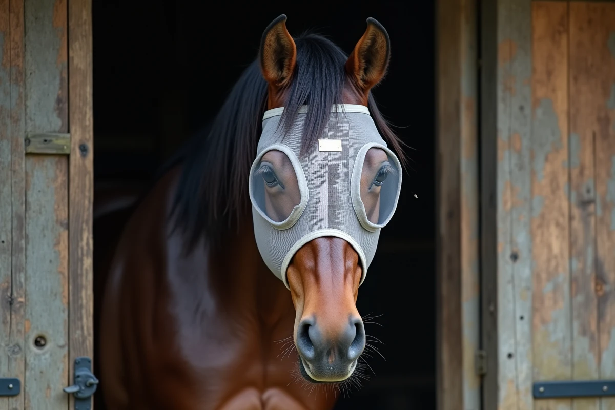 Cheval bai portant un masque anti-mouches en filet devant une écurie en bois