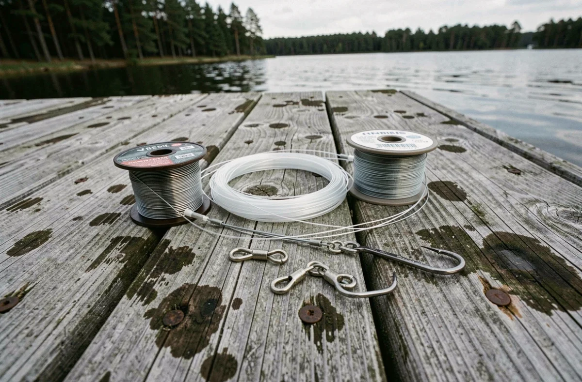 Bas de ligne fluorocarbone et acier pour brochet disposés sur un ponton en bois au bord d'un lac