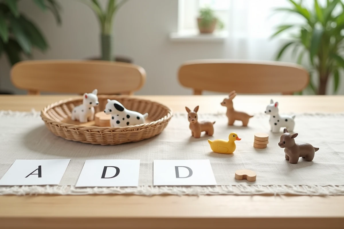 Matériel Montessori avec figurines d'animaux commençant par la lettre D sur une table en bois
