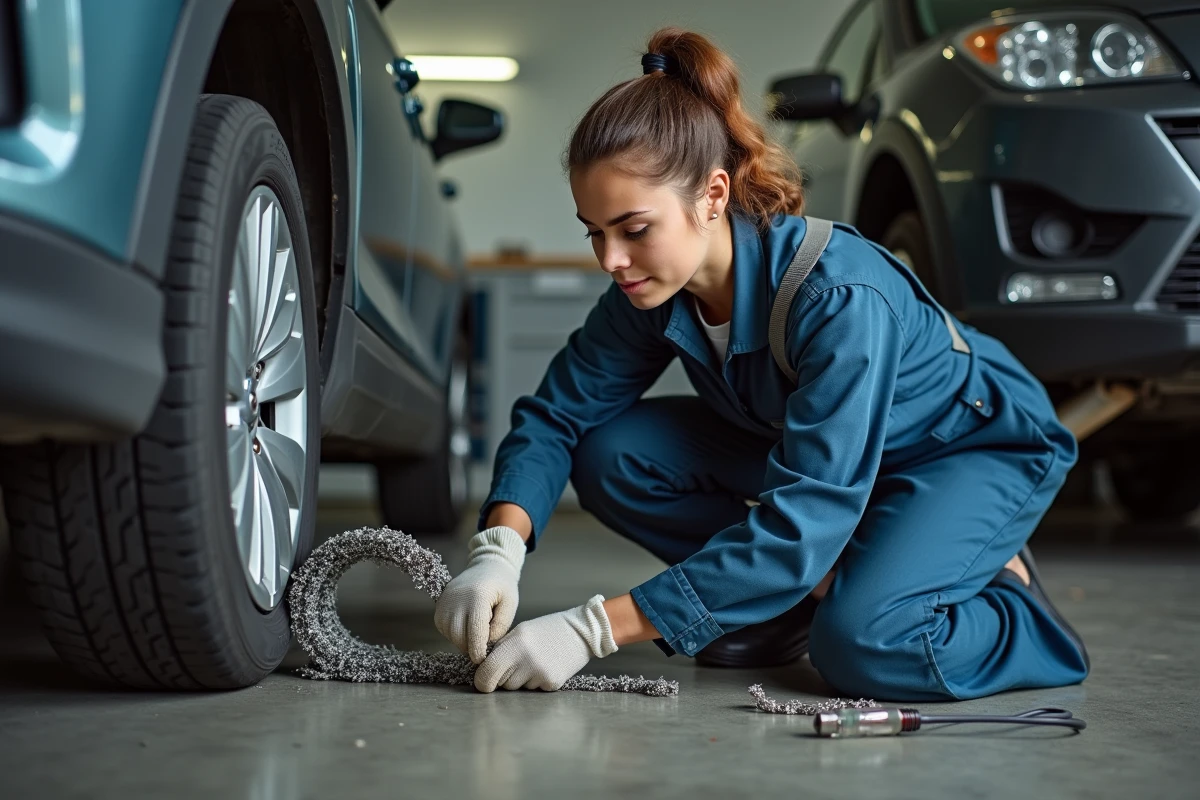 Jeune femme mécanicienne installant un tube de protection sur un câble
