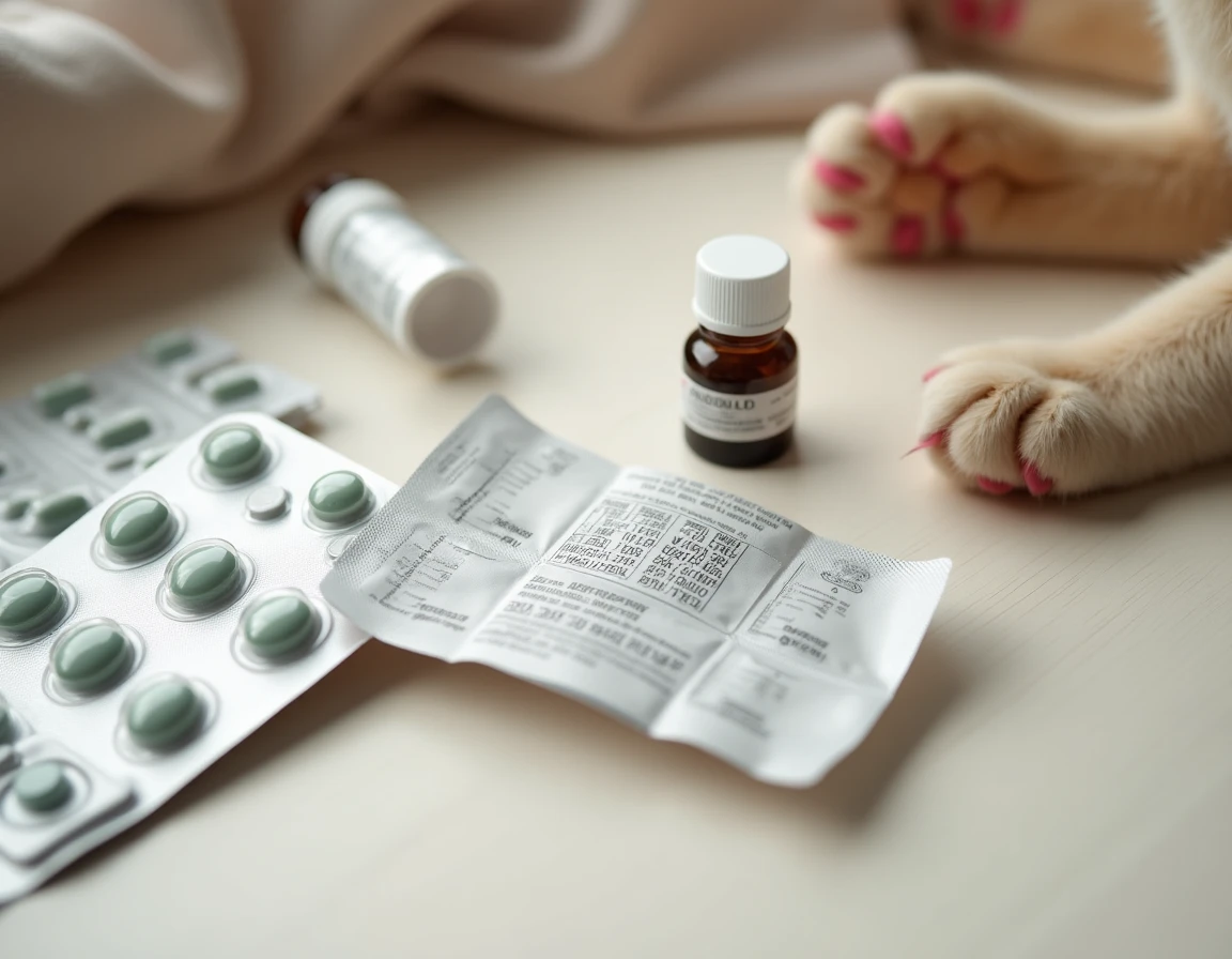 Gros plan sur des médicaments contraceptifs pour chat sans ordonnance et une notice froissée posés sur une table en bois