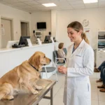 Vue générale d'une clinique vétérinaire en Bretagne avec une vétérinaire accueillant un chien golden retriever