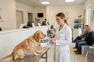 Vue générale d'une clinique vétérinaire en Bretagne avec une vétérinaire accueillant un chien golden retriever