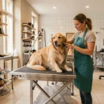 Vue d'ensemble d'un salon de toilettage professionnel en Gironde avec une toiletteuse et un golden retriever