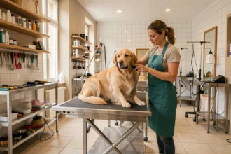 Vue d'ensemble d'un salon de toilettage professionnel en Gironde avec une toiletteuse et un golden retriever