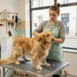 Toiletteuse professionnelle en tablier vert menthe brossant un golden retriever dans un salon de toilettage moderne en Bretagne