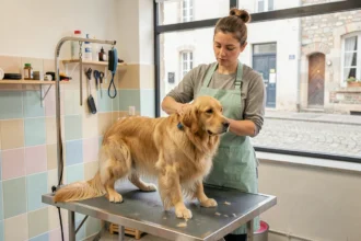 Toiletteuse professionnelle en tablier vert menthe brossant un golden retriever dans un salon de toilettage moderne en Bretagne