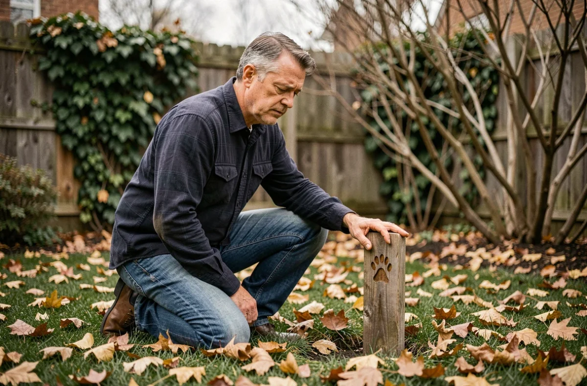 Homme agenouillé devant un mémorial de jardin pour son chien, entouré de feuilles d'automne