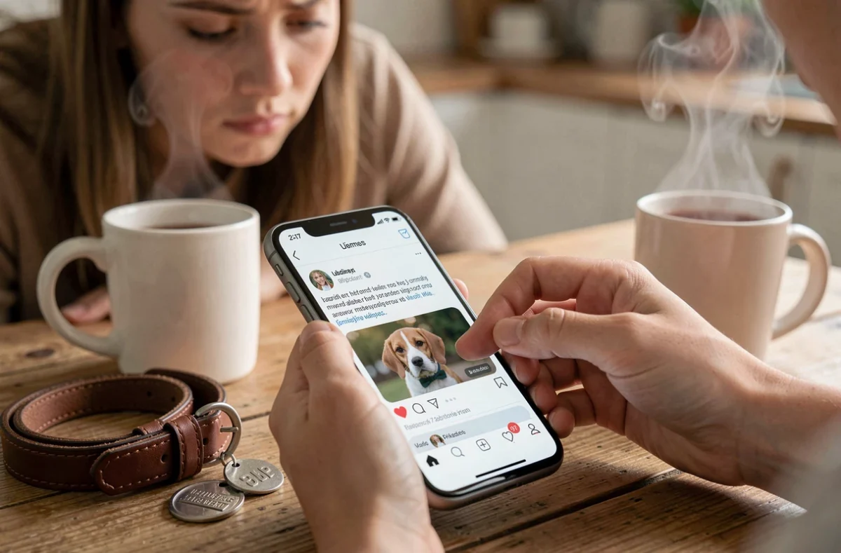 Femme rédigeant un message de condoléances pour son chien sur les réseaux sociaux avec un collier posé sur la table