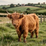 Mini vache Highland roux dans un pré vert en France avec clôture en bois et paysage rural en arrière-plan