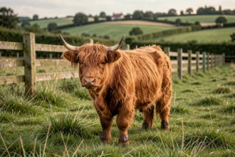 Mini vache Highland roux dans un pré vert en France avec clôture en bois et paysage rural en arrière-plan