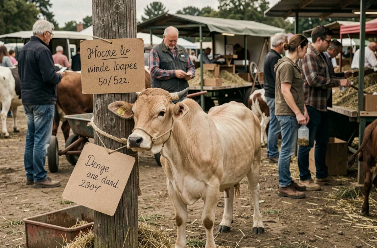 Mini vache zébu attachée à un poteau avec étiquette de prix lors d'un marché agricole en plein air en France