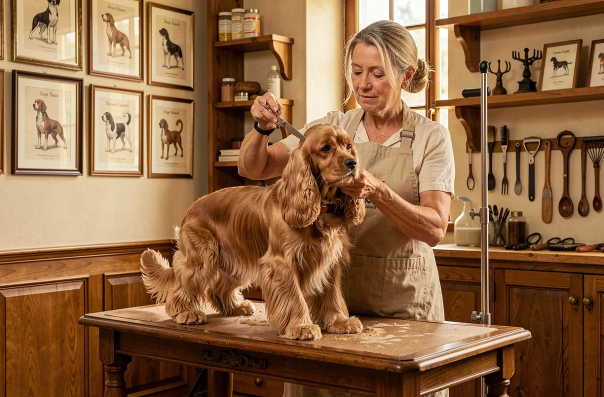 Mon Beau Toutou en Gironde avec une toiletteuse expérimentée réalisant une coupe traditionnelle sur un cocker spaniel