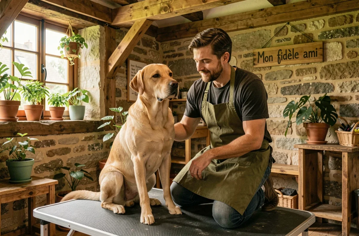 Toiletteur bienveillant dans l'atelier Mon fidèle ami prenant soin d'un grand Labrador retriever calme dans un cadre rustique breton
