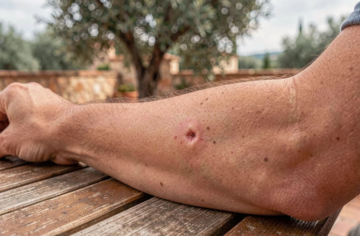 Morsure d'araignée sur l'avant-bras humain avec légère rougeur et gonflement visible