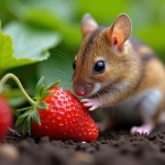 Mulot des champs mordant une fraise mûre dans un potager en été