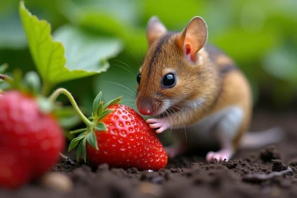 Mulot des champs mordant une fraise mûre dans un potager en été