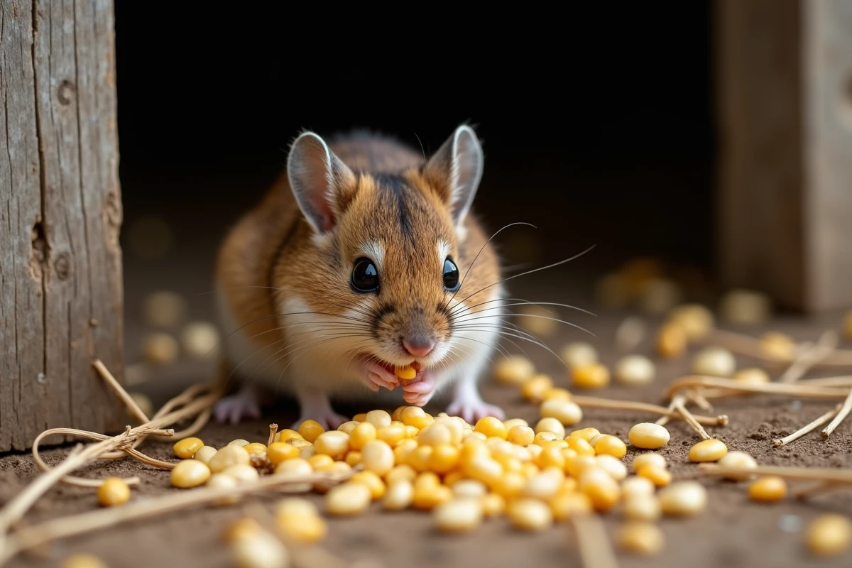 Mulot se nourrissant de grains de blé et maïs près d'une grange en été
