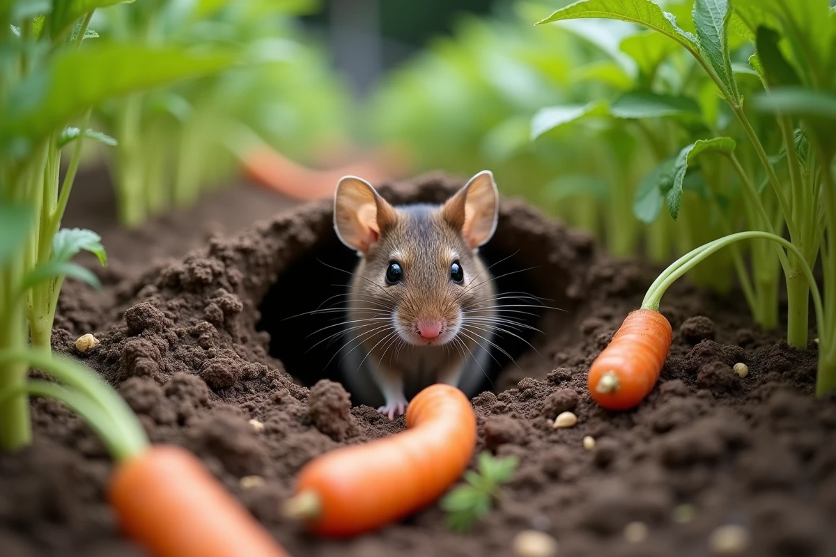Mulot sortant de son terrier dans un potager avec des légumes rongés