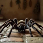 Mygale de Provence posée sur le carrelage en pierre d'une maison rustique du sud de la France