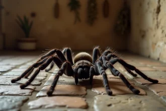 Mygale de Provence posée sur le carrelage en pierre d'une maison rustique du sud de la France