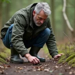 Naturaliste observant des déjections de blaireau en forêt